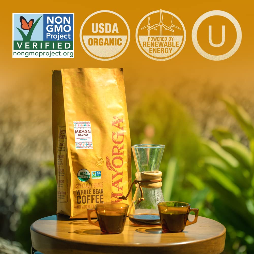 Mayorga Organic Coffee 5lb Mayan Blend Medium Roast Whole Bean Coffee Specialty Grade, Kosher