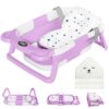 MoreFeel Collapsible Baby Bathtub for Newborn with Thermometer & 1 Hooded Towel & 1 Soft Floating Cushion, Lavender