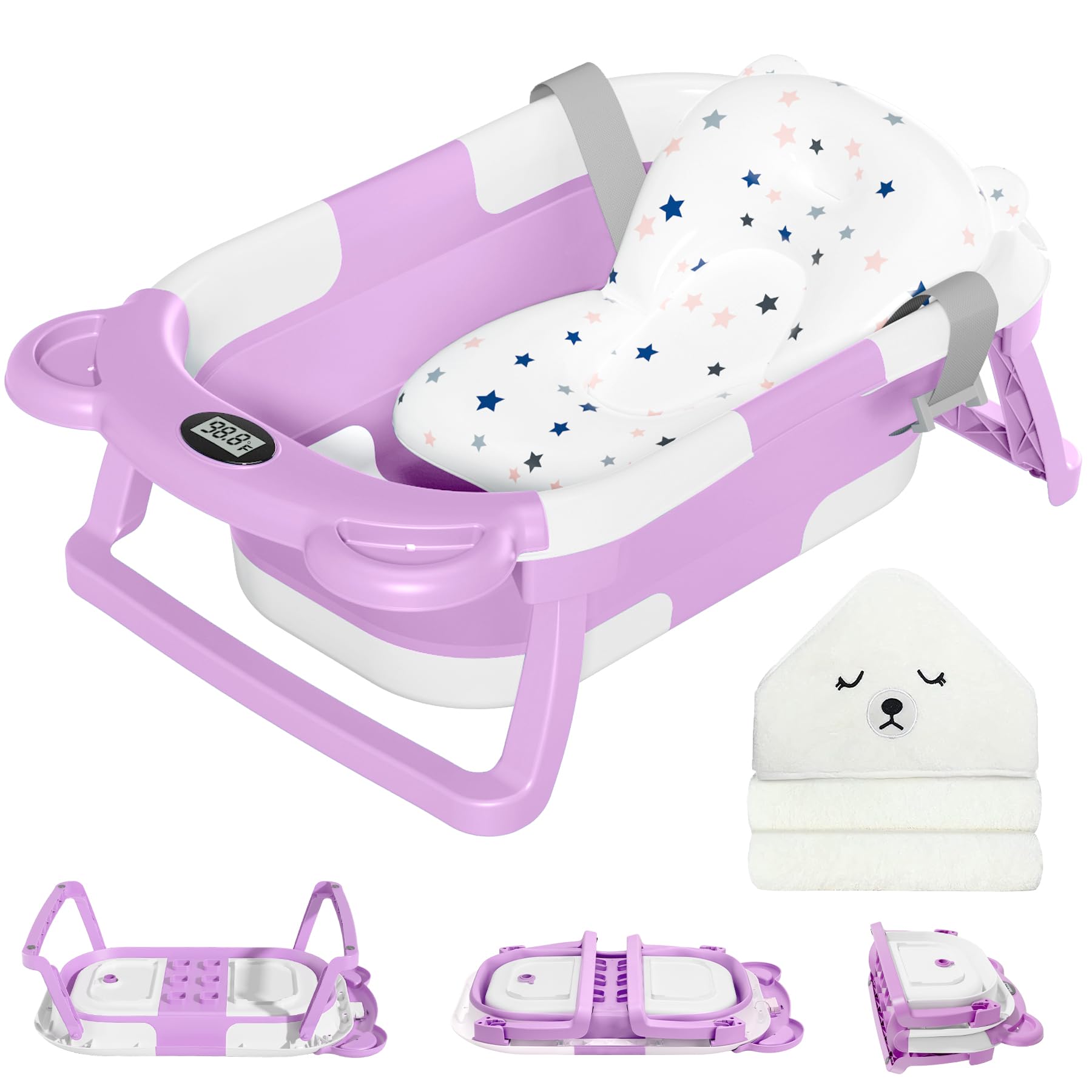 MoreFeel Collapsible Baby Bathtub for Newborn with Thermometer & 1 Hooded Towel & 1 Soft Floating Cushion, Lavender