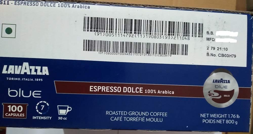 Lavazza BLUE Capsules, Espresso Dolce Coffee Blend, Medium Roast, 28.2-Ounce Boxes (Pack of 100)