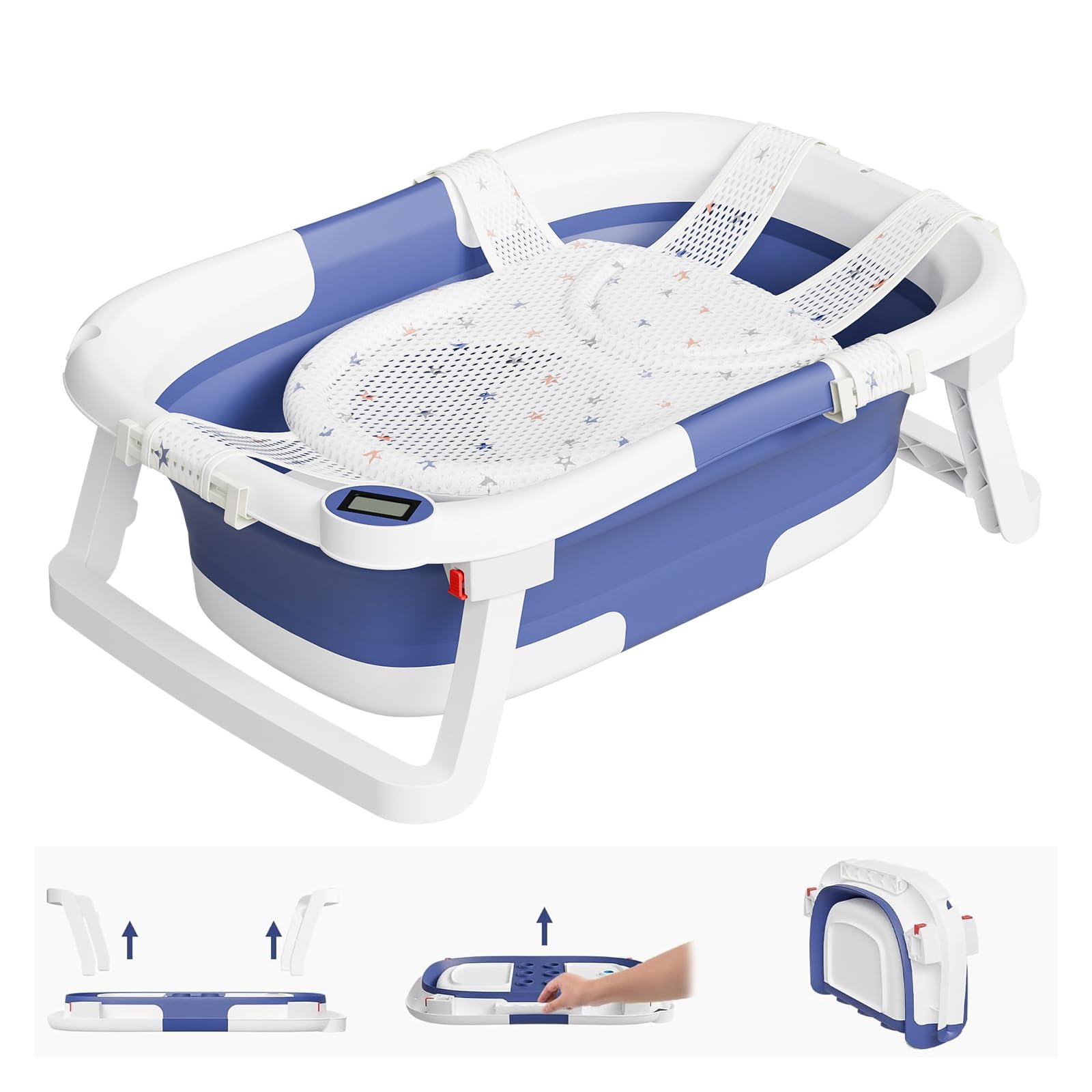 Napei Collapsible Baby Bathtub, Baby Bath Tub with Soft Cushion & Thermometer, Blue
