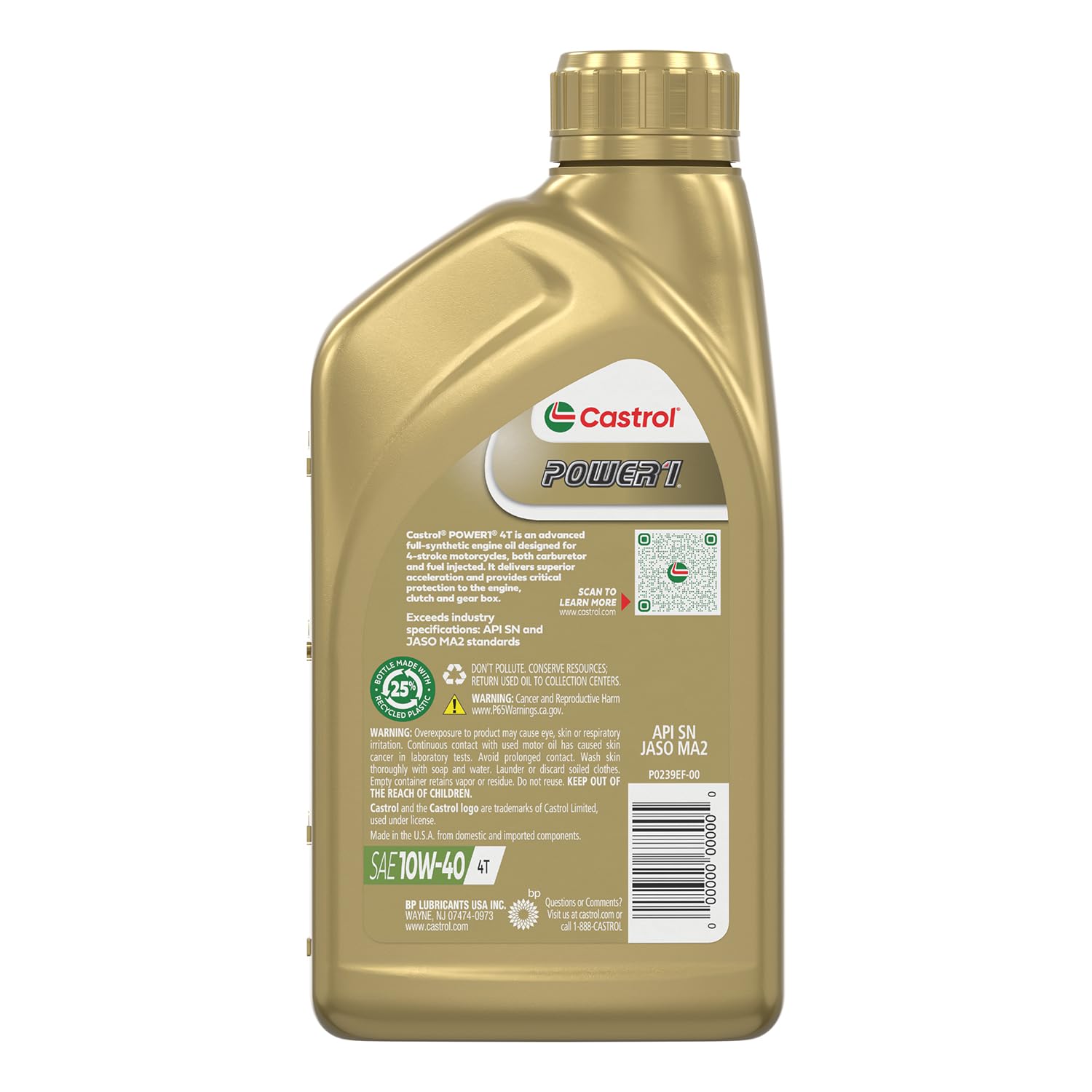 Castrol Power1 4T 10W-40 Full Synthetic Motorcycle Oil, 1 Quart, Pack of 6