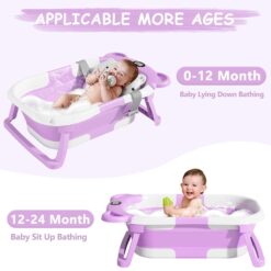 MoreFeel Collapsible Baby Bathtub for Newborn with Thermometer & 1 Hooded Towel & 1 Soft Floating Cushion, Lavender