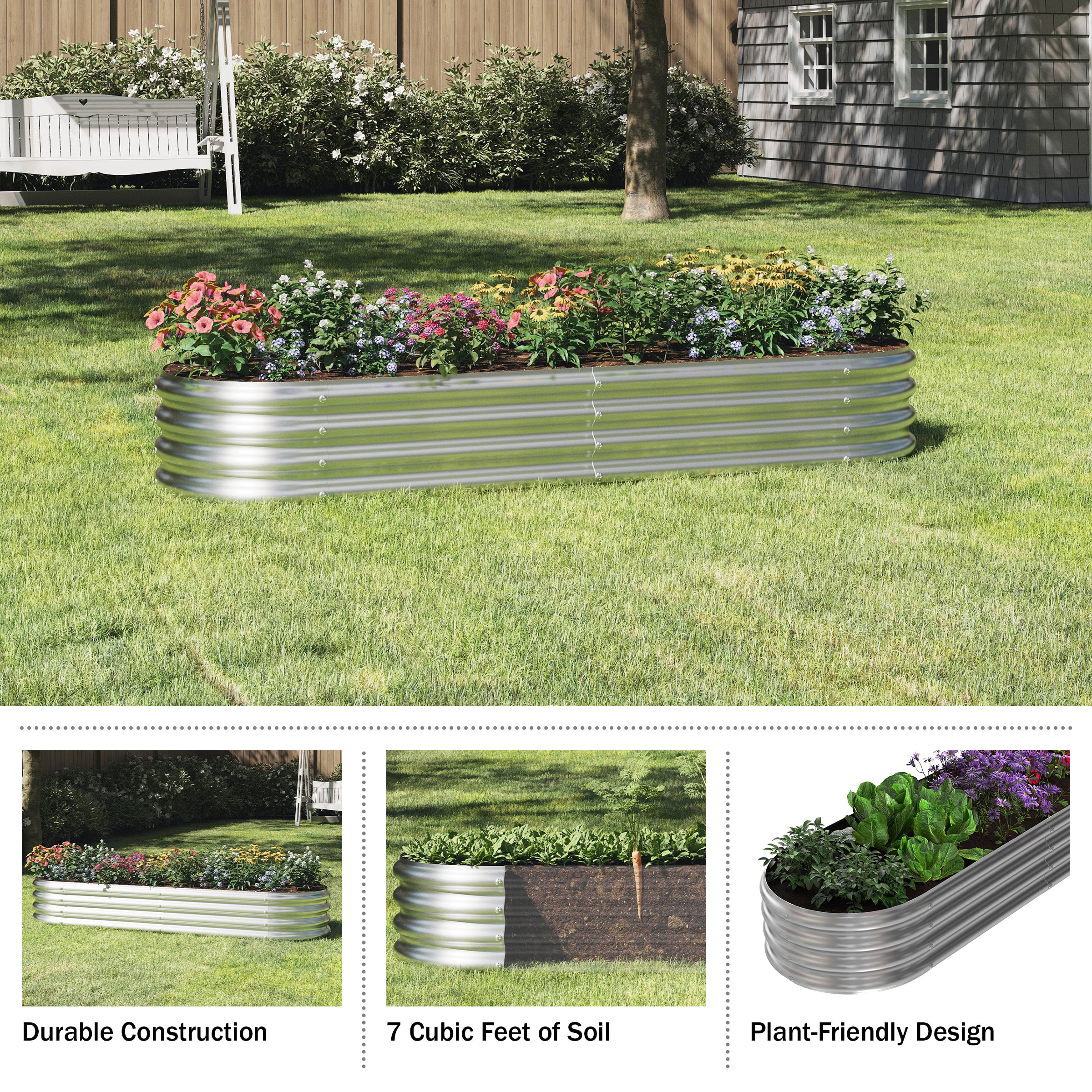 Home-Complete 35-Inches W x 82-Inches L x 11-Inches H Silver Galvanized Metal Raised Garden Bed