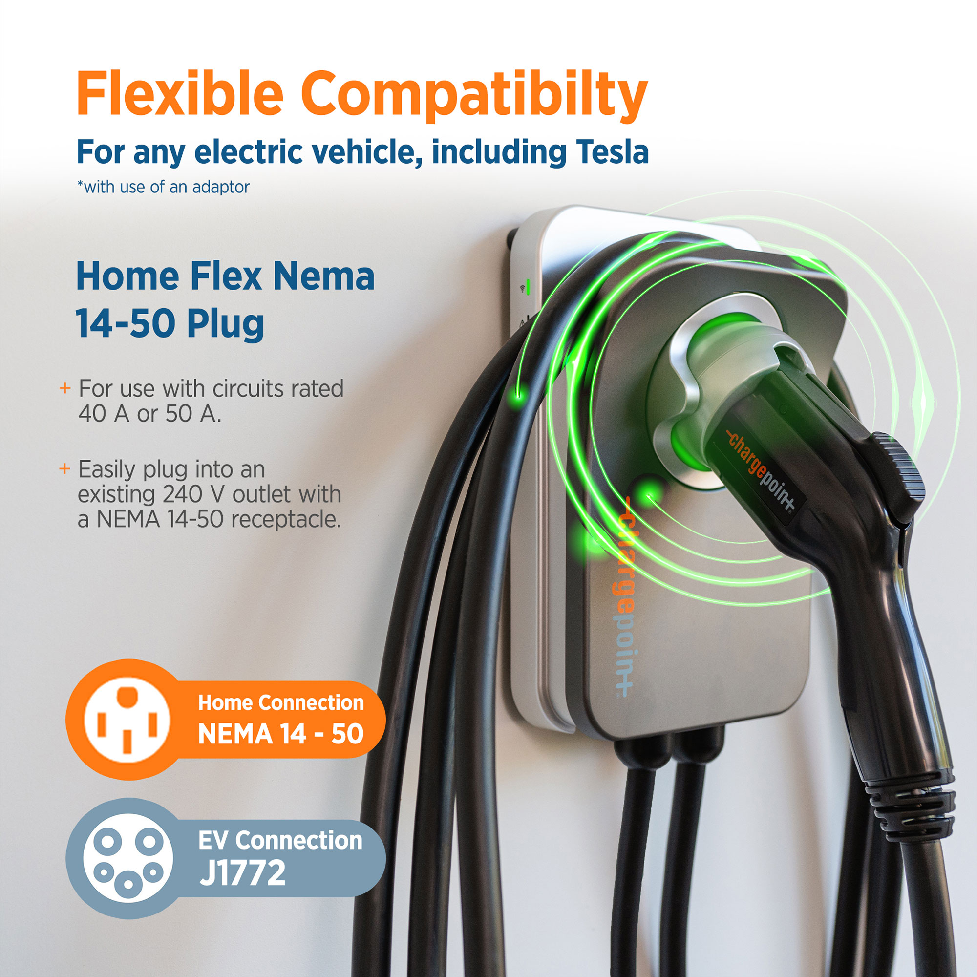 ChargePoint Home Flex Level 2 NEMA 14-50r Plug In EV Electric Vehicle Charging Station-up to 50 Amps/ 240-Volt with 23-ft Cable
