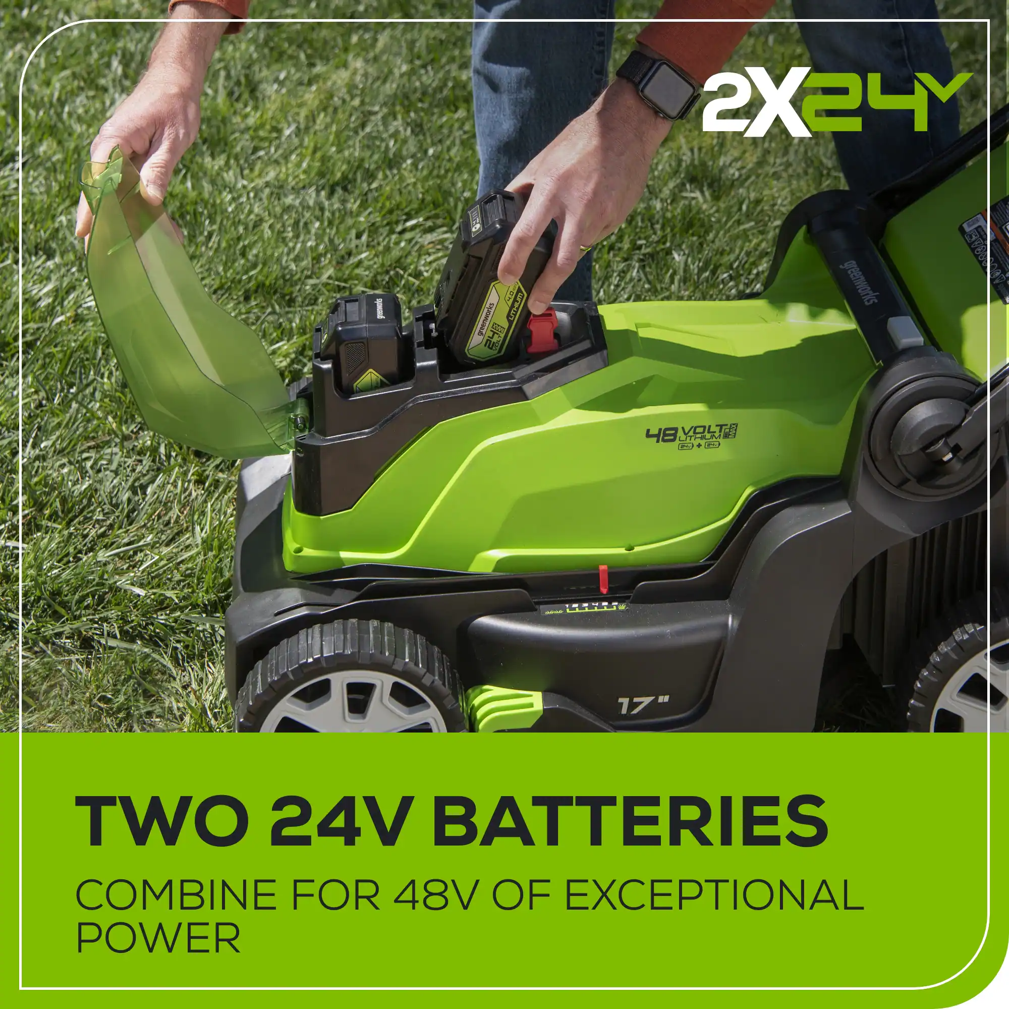 Greenworks 48-volt , ( 2 ) 4 Ah 17-in Push Battery Walk Mower, Bagger Included