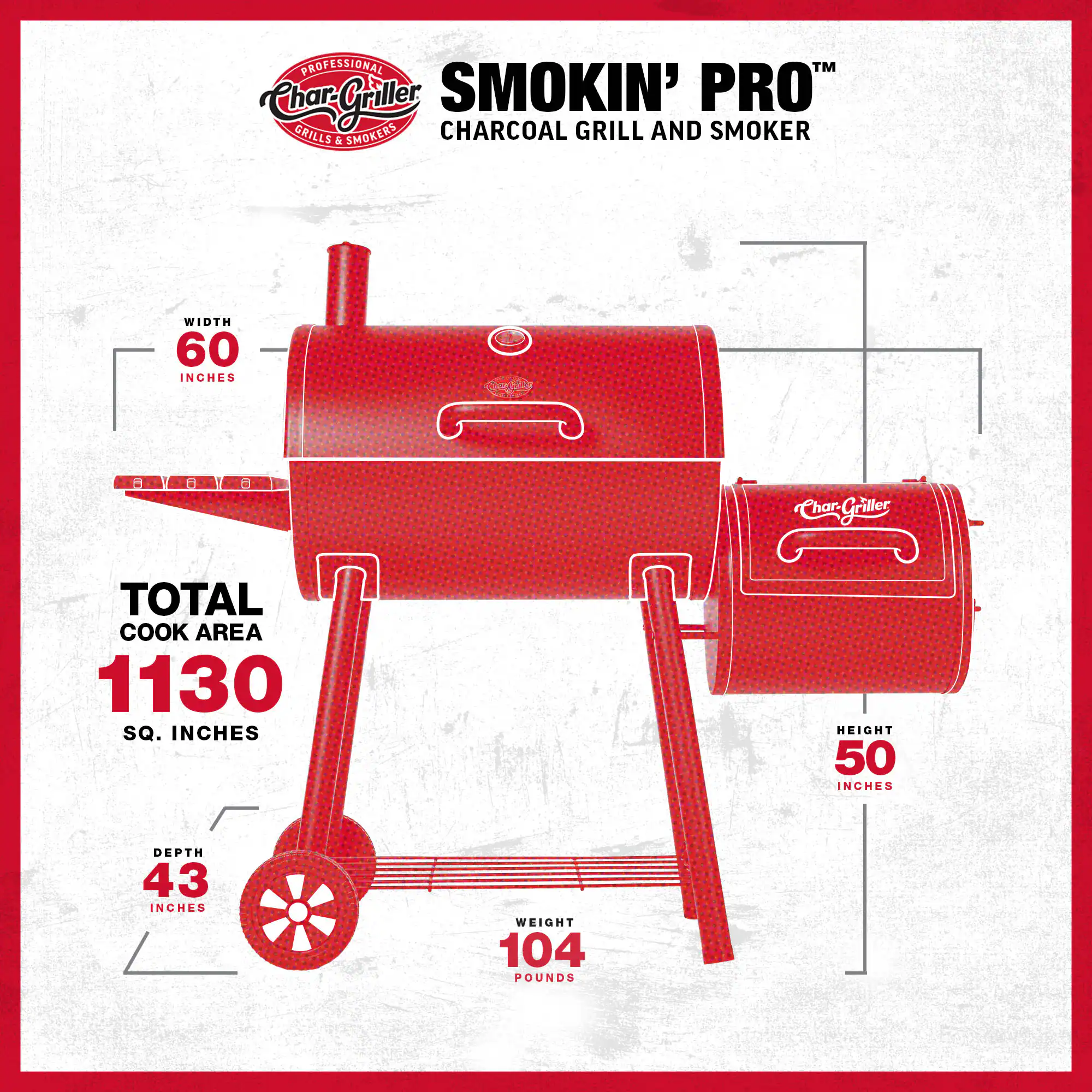 Char-Griller Smokin' Pro 1130-Sq. in Black Horizontal Charcoal Smoker