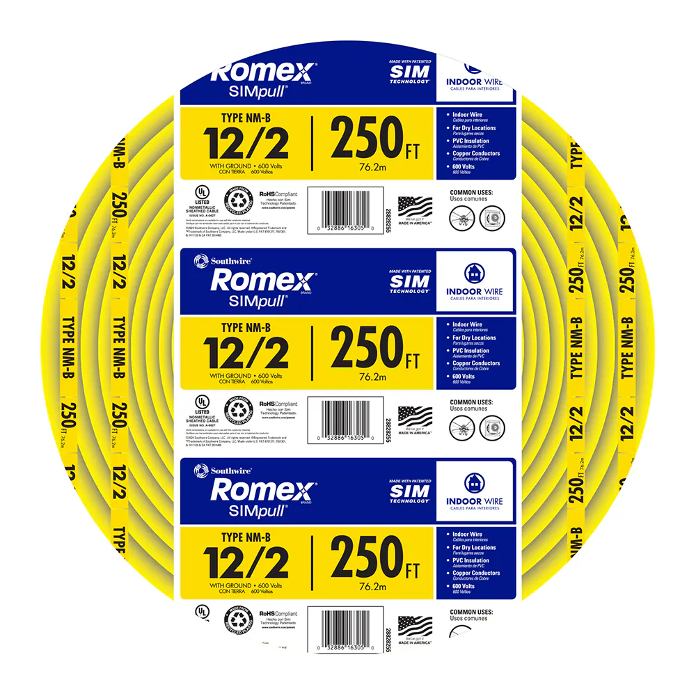 Southwire 250-Feet 12 / 2 / Romex SIMpull Solid Indoor CU NM-B W/G Individual pack ( By-the-roll )