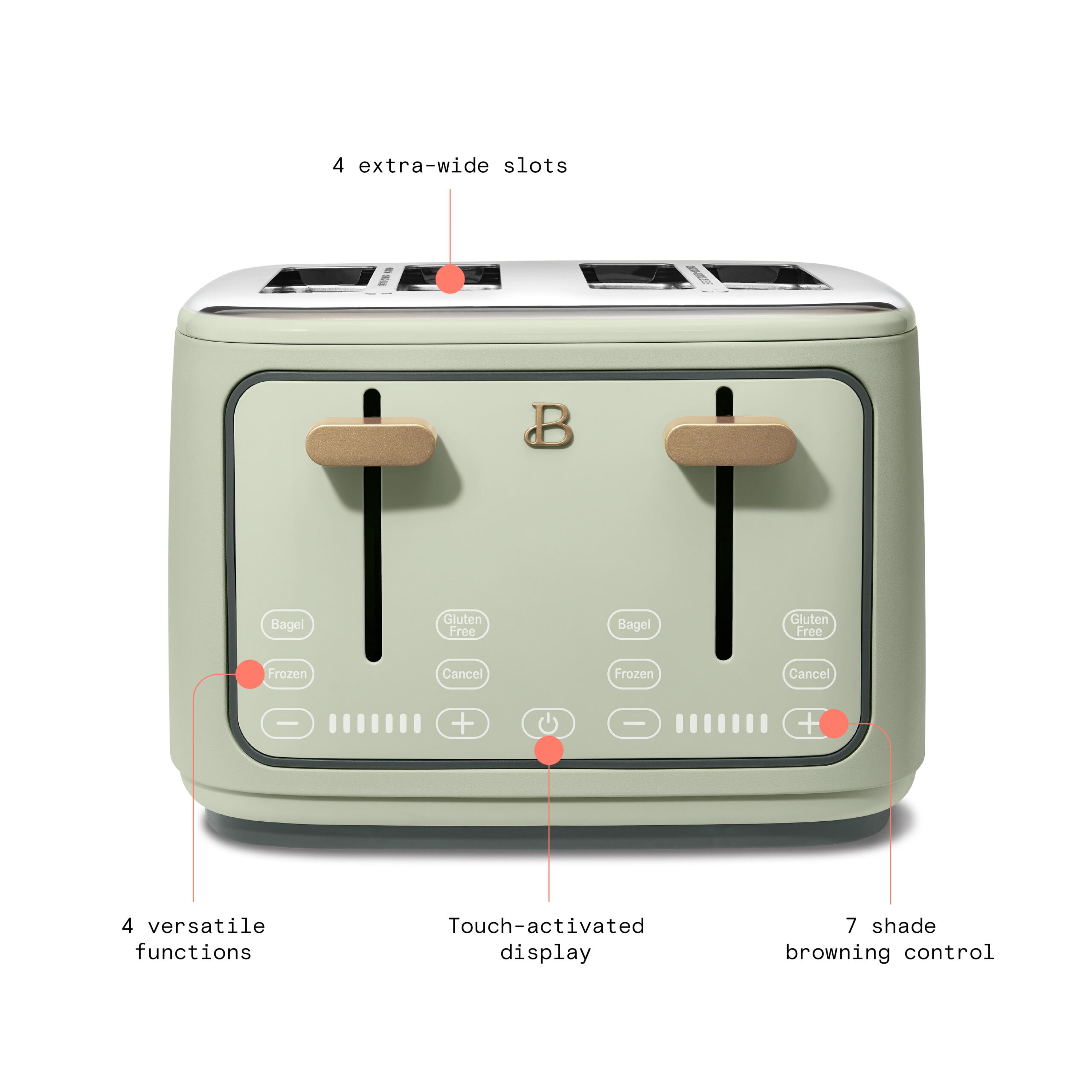 Beautiful 4-Slice Toaster with Touch-Activated Display, Sage Green by Drew Barrymore