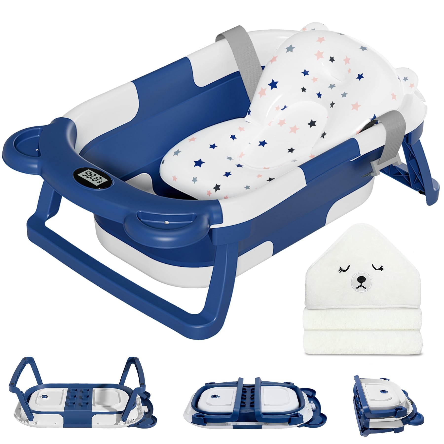 MoreFeel Collapsible Baby Bathtub for Newborn with Thermometer & 1 Hooded Towel & 1 Soft Floating Cushion, Navy Blue