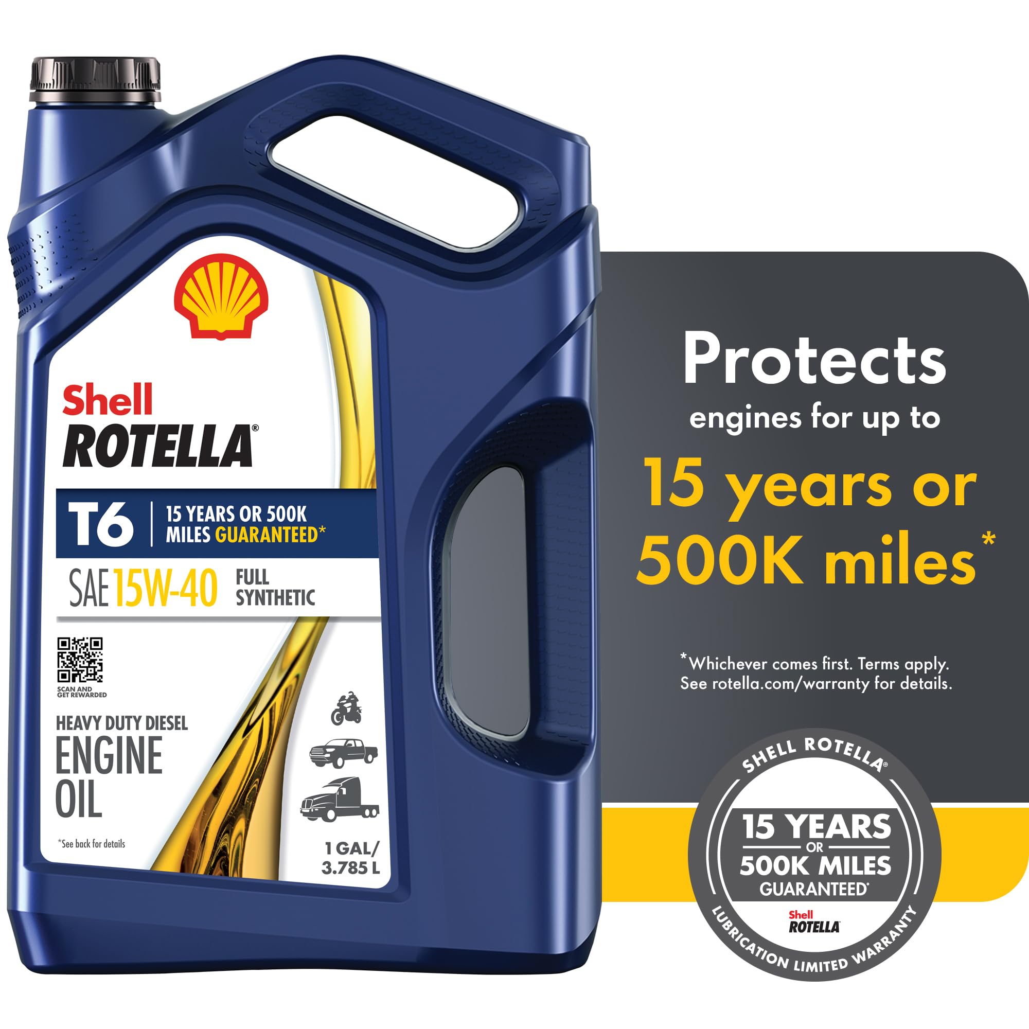 Shell Rotella T6 Full Synthetic 15W-40 Motor Oil, 1 Gallon (3 Pack)