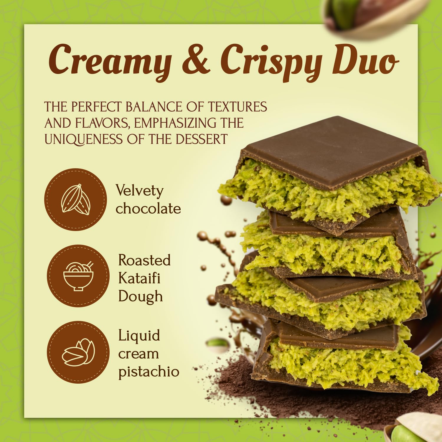 ZEMUS Dubai Chocolate Bar with Pistachio, 7 oz, Handmade Viral Dubai Chocolate, Crispy Shredded knafeh with Rich Chocolate (Pack of 1)