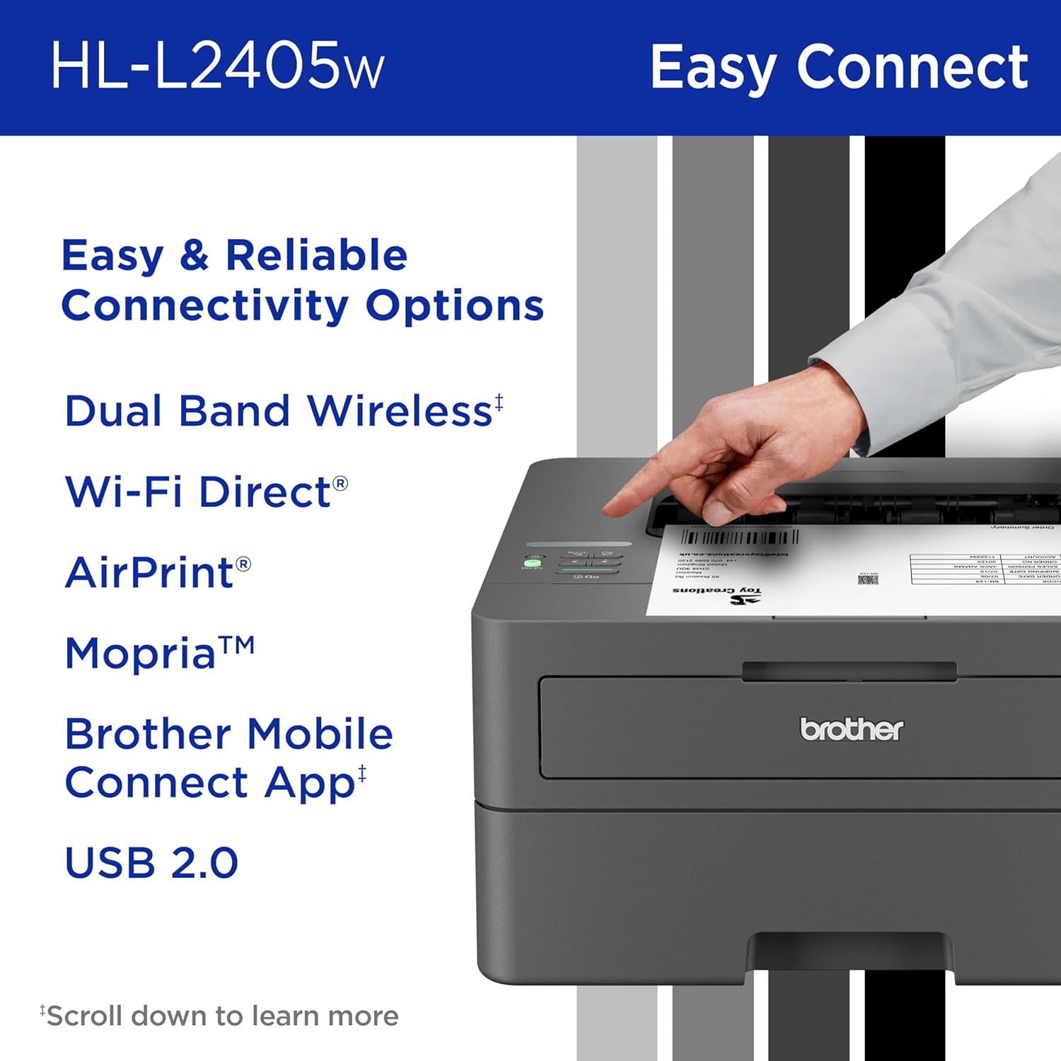 Brother HL-L2405W Wireless Compact Monochrome Laser Printer with Mobile Printing, Black & White Output