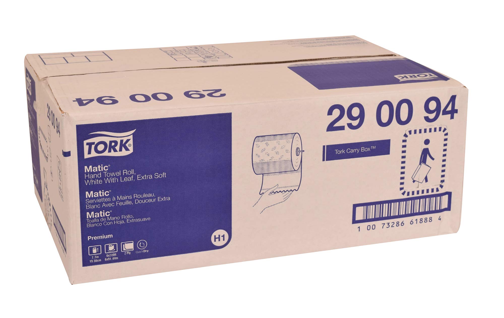 Tork Matic Extra Soft Paper Hand Towel Roll White with Blue Leaf H1, Premium, High Absorbency, 6 Rolls x 300 ft, 290094