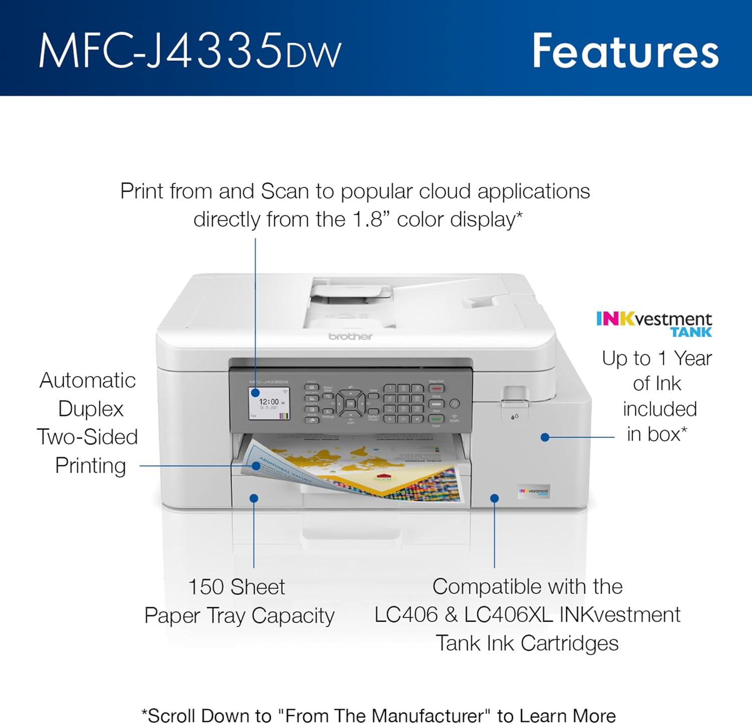 Brother INKvestment Tank MFC-J4335DW Wireless Color Inkjet Printer, All-In-One Supertank, Print, Scan, Copy, Fax
