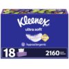 Kleenex Ultra Soft Facial Tissues, 18 Flat Boxes, 120 Tissues per Box, 3-Ply (2,160 Total Tissues), Packaging May Vary