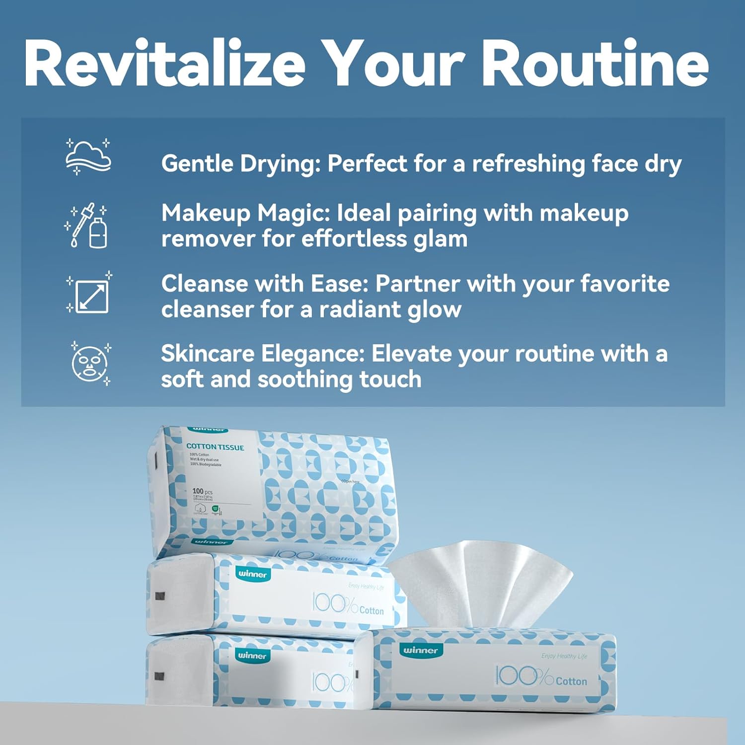 Winner Soft Face Towels, USA Cotton Dry Wipes, 600 Count Unscented Cotton Tissues for Sensitive Skin, 6 Pack