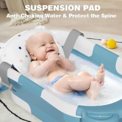 MoreFeel Collapsible Baby Bathtub for Newborn with Thermometer & 1 Hooded Towel & 1 Soft Floating Cushion, Blue