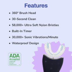 Autobrush Sonic Pro U Shaped Adults Electric Toothbrush with Unique 360° Nylon Bristles, 3 Cleaning Modes, (Double-Sided, Black)