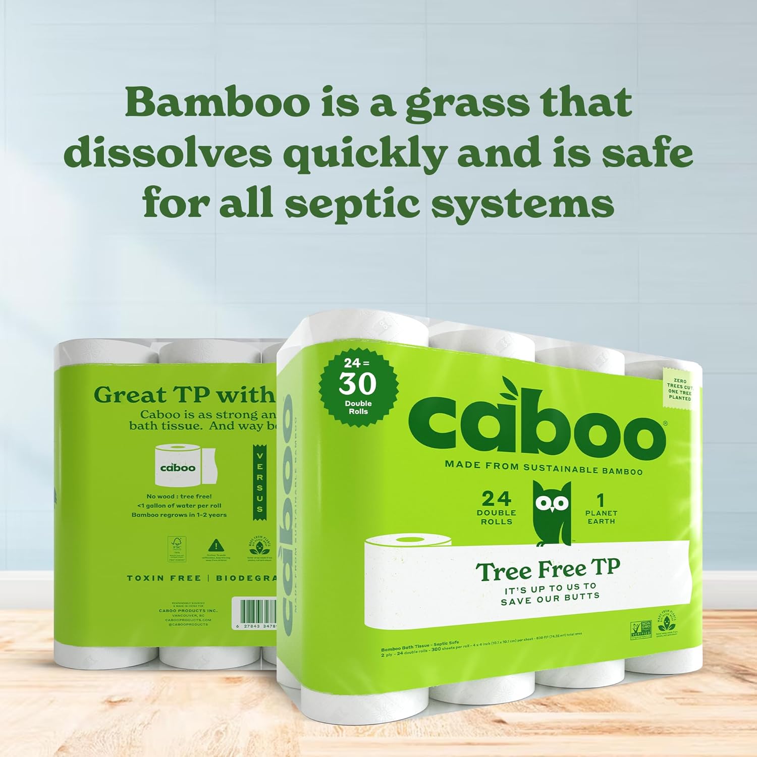 Caboo Tree Free Toilet Paper, Septic Safe Toilet Tissue, Eco Friendly, Pack of 24 Double Rolls, 300 Sheets Per Roll