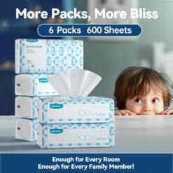 Winner Soft Face Towels, USA Cotton Dry Wipes, 600 Count Unscented Cotton Tissues for Sensitive Skin, 6 Pack