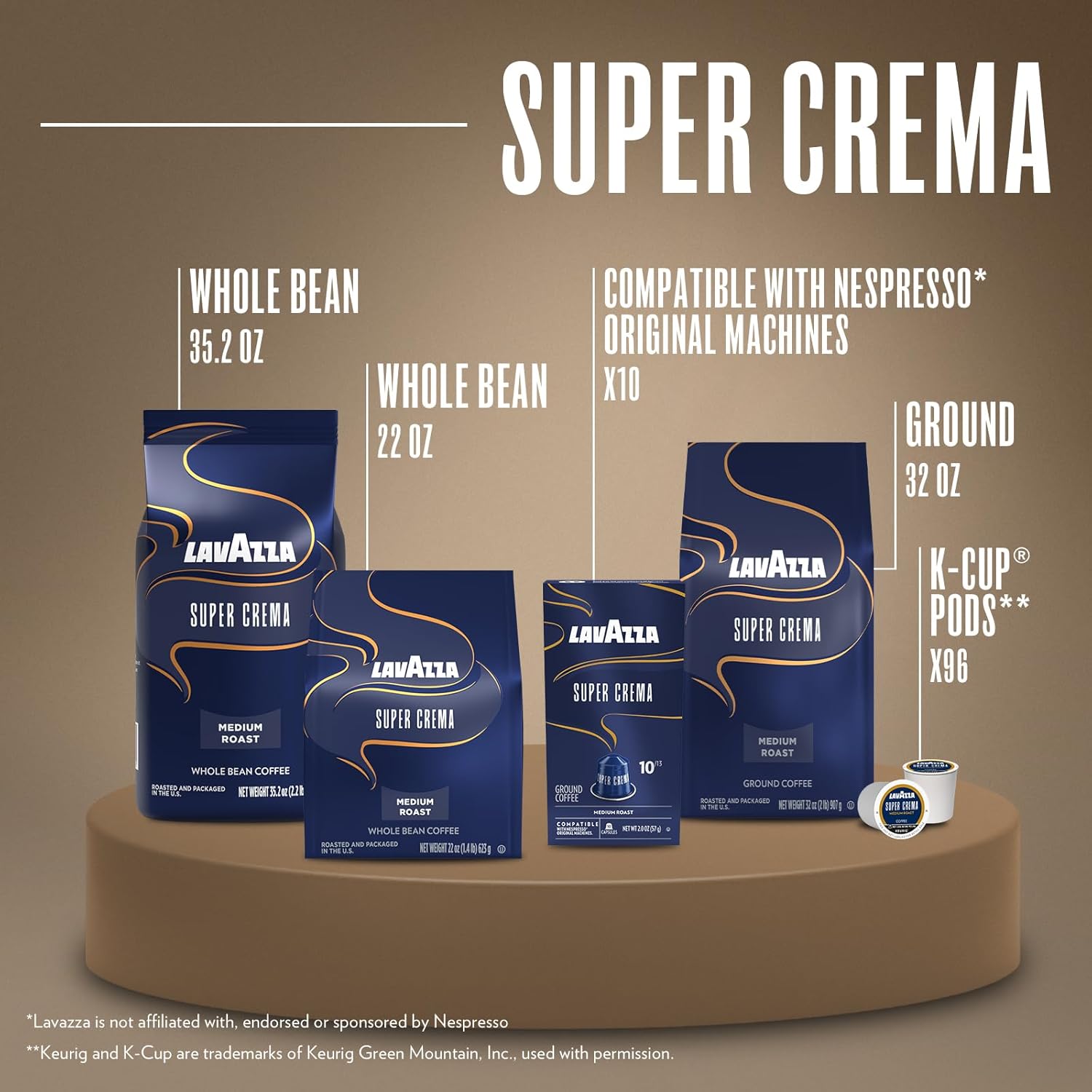 Lavazza Super Crema Whole Bean Coffee Blend, Medium Espresso Roast, 4.4 .lbs, 2 Pack