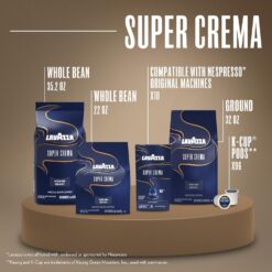 Lavazza Super Crema Whole Bean Coffee Blend, Medium Espresso Roast, 2.2-Pound Bag (Pack of 3)