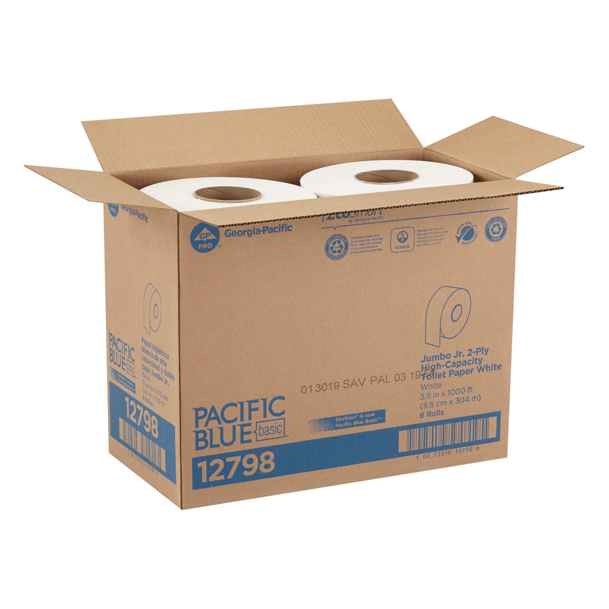 Georgia Pacific Blue Basic Jumbo JR. 2-Ply High - Capacity Toilet Paper, White, 8 Rolls Per Case