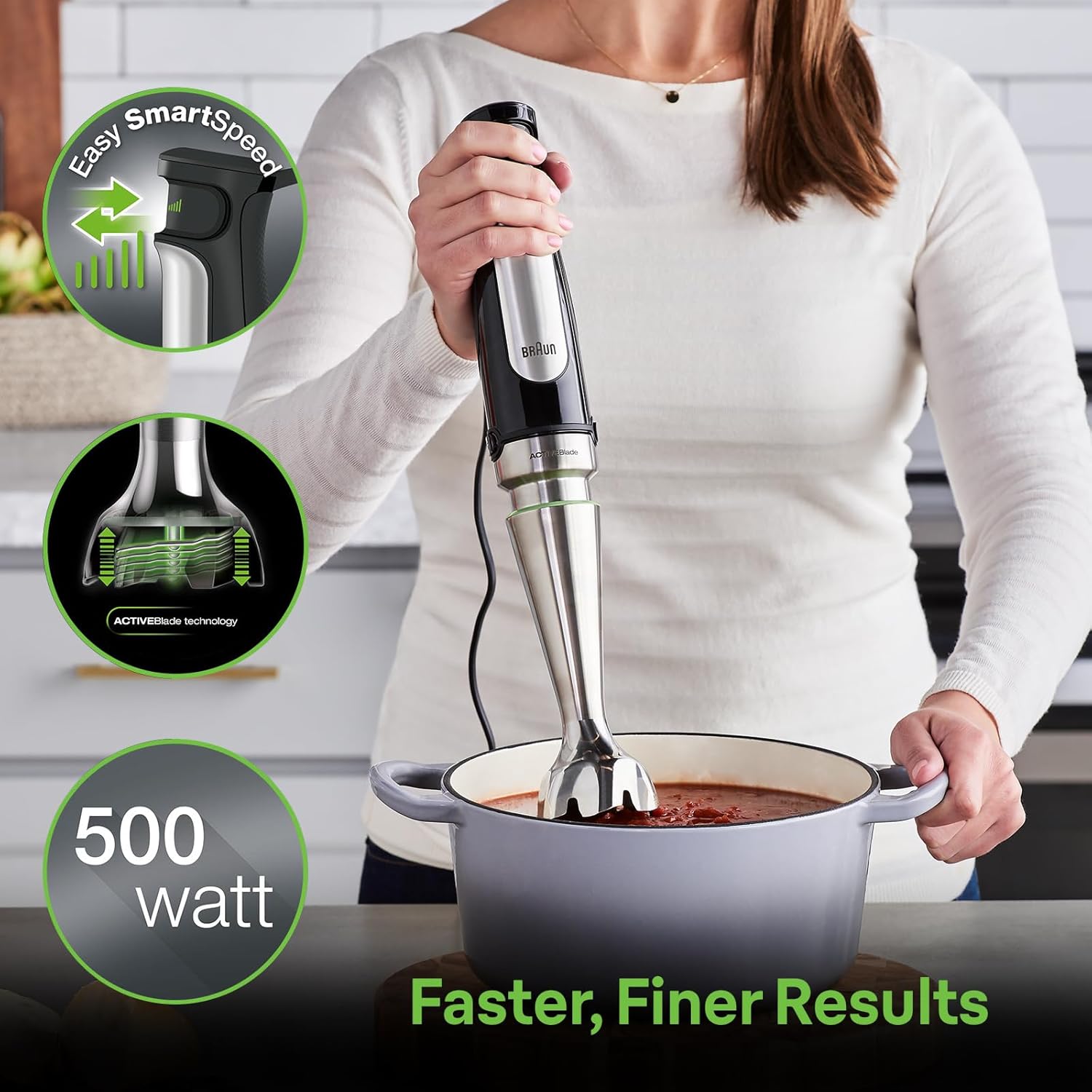 Braun MultiQuick 7 Smart-Speed Hand Blender with 500 Watts of Power, Whisk, Masher, and 6-Cup Food Processor