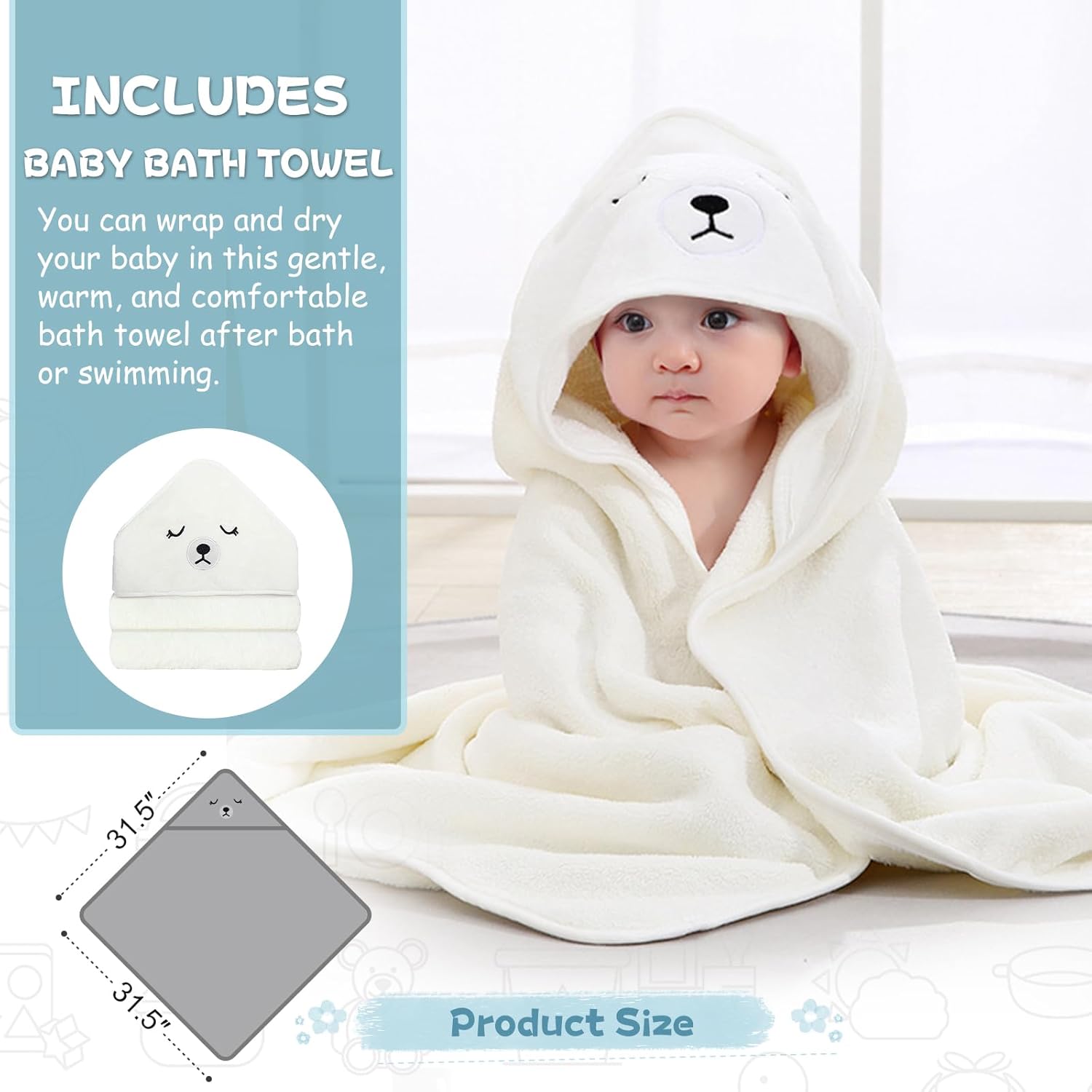 MoreFeel Collapsible Baby Bathtub for Newborn with Thermometer & 1 Hooded Towel & 1 Soft Floating Cushion, Blue