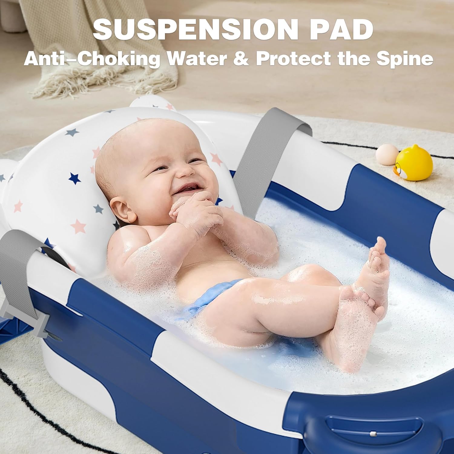 MoreFeel Collapsible Baby Bathtub for Newborn with Thermometer & 1 Hooded Towel & 1 Soft Floating Cushion, Navy Blue