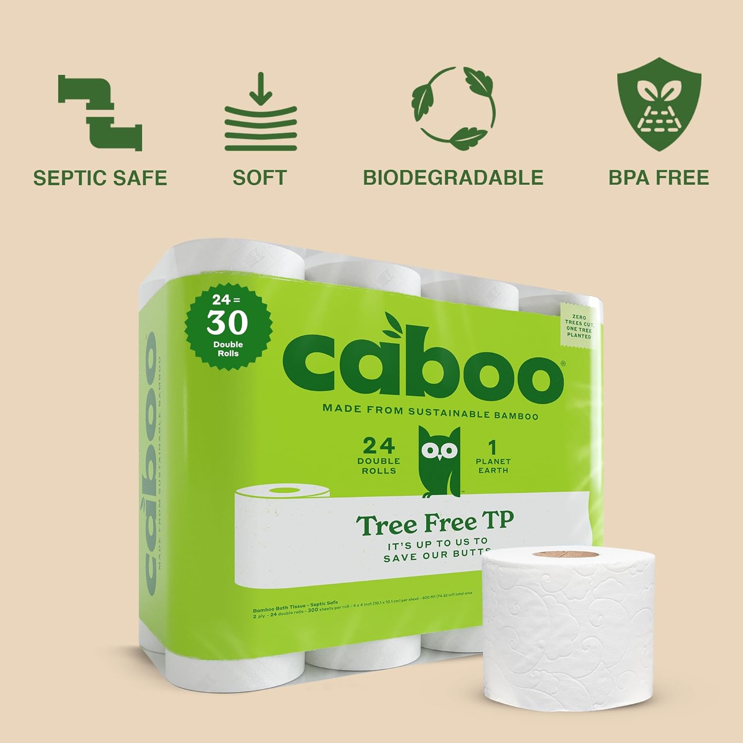 Caboo Tree Free Toilet Paper, Septic Safe Toilet Tissue, Eco Friendly, Pack of 24 Double Rolls, 300 Sheets Per Roll