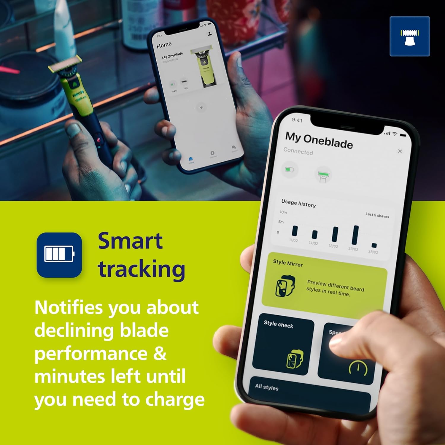 Philips Norelco OneBlade 360 with Connectivity Hybrid Face, Electric Beard Trimmer, Shaver with 360 Blade Tech & 1hr Fast Charge