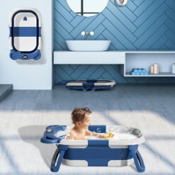 MoreFeel Collapsible Baby Bathtub for Newborn with Thermometer & 1 Hooded Towel & 1 Soft Floating Cushion, Navy Blue