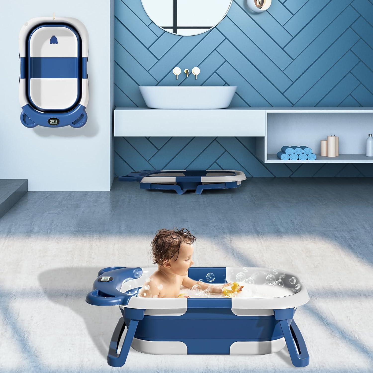 MoreFeel Collapsible Baby Bathtub for Newborn with Thermometer & 1 Hooded Towel & 1 Soft Floating Cushion, Navy Blue
