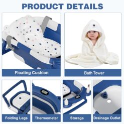 MoreFeel Collapsible Baby Bathtub for Newborn with Thermometer & 1 Hooded Towel & 1 Soft Floating Cushion, Navy Blue