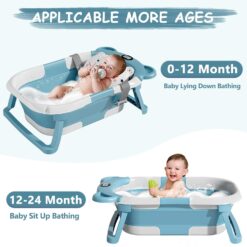 MoreFeel Collapsible Baby Bathtub for Newborn with Thermometer & 1 Hooded Towel & 1 Soft Floating Cushion, Blue