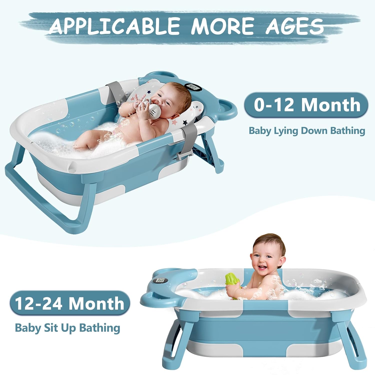 MoreFeel Collapsible Baby Bathtub for Newborn with Thermometer & 1 Hooded Towel & 1 Soft Floating Cushion, Blue