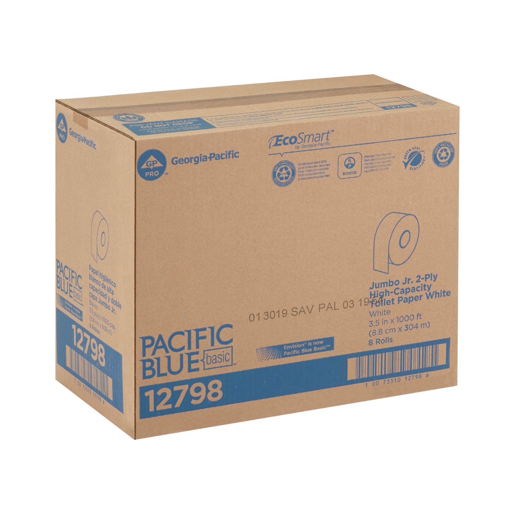 Georgia Pacific Blue Basic Jumbo JR. 2-Ply High - Capacity Toilet Paper, White, 8 Rolls Per Case