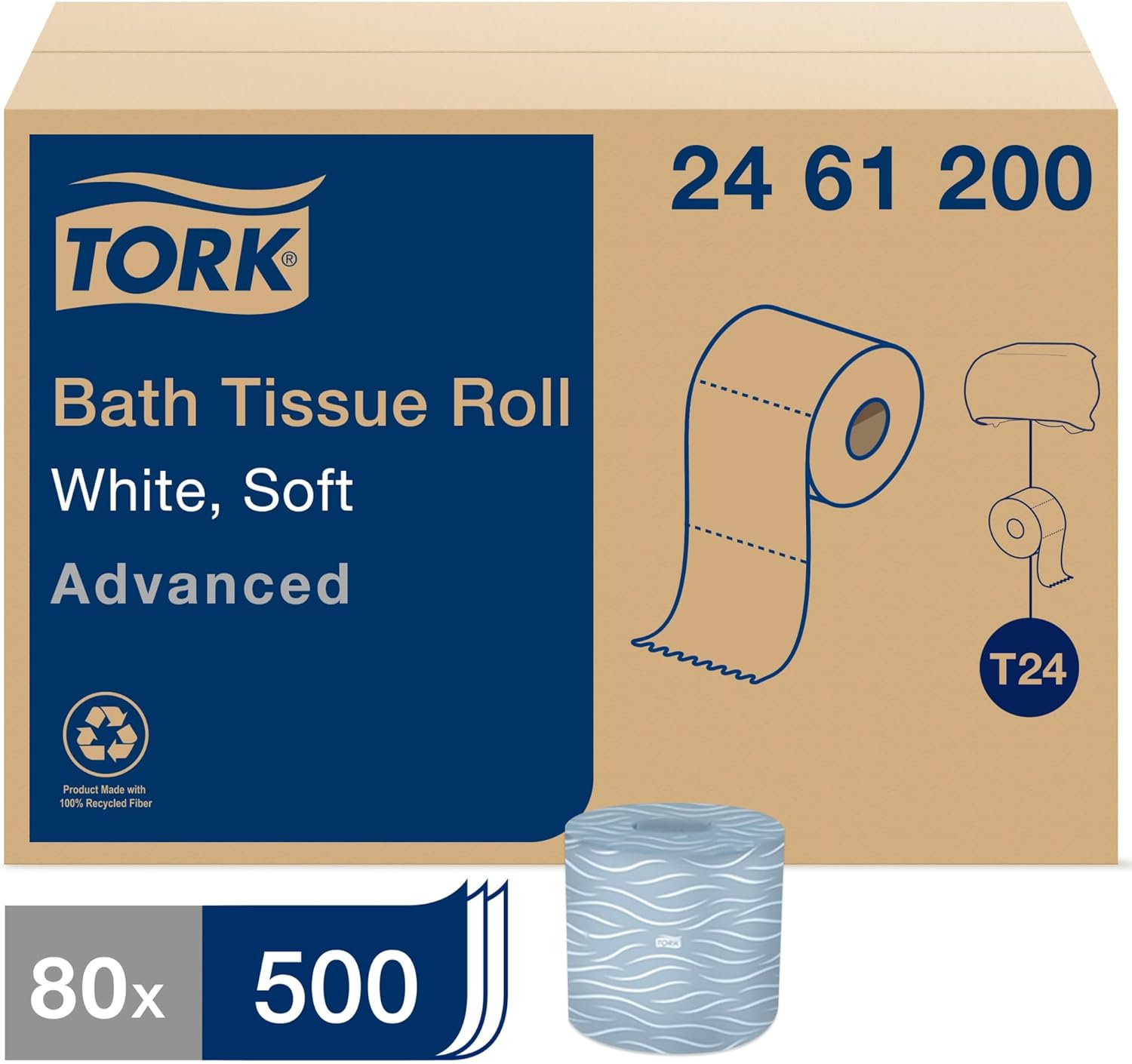 Tork Advanced Toilet Paper Roll, White, Compatible with T24 Dispensers, 2-ply, Soft Tissue, 80 rolls x 500 sheets (2461200)