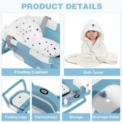 MoreFeel Collapsible Baby Bathtub for Newborn with Thermometer & 1 Hooded Towel & 1 Soft Floating Cushion, Blue