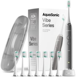 Aquasonic Vibe Series Ultra-Whitening Toothbrush – ADA Accepted Electric Toothbrush - 8 Brush Heads & Travel Case Charcoal Metal
