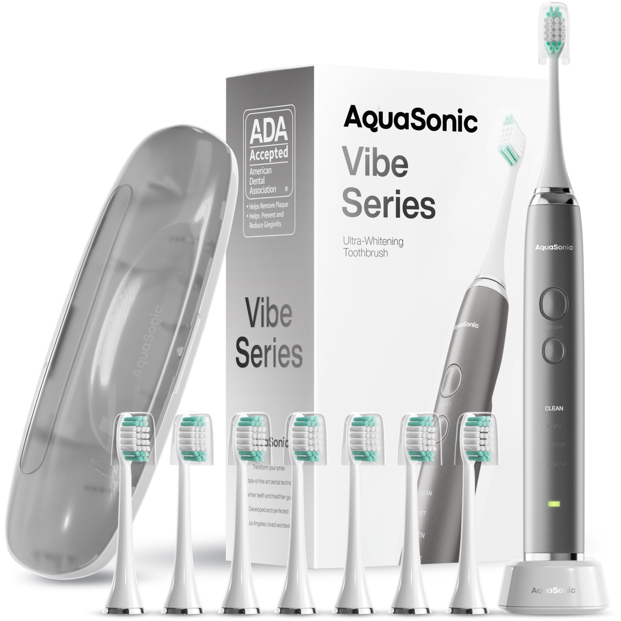 Aquasonic Vibe Series Ultra-Whitening Toothbrush – ADA Accepted Electric Toothbrush - 8 Brush Heads & Travel Case Charcoal Metal
