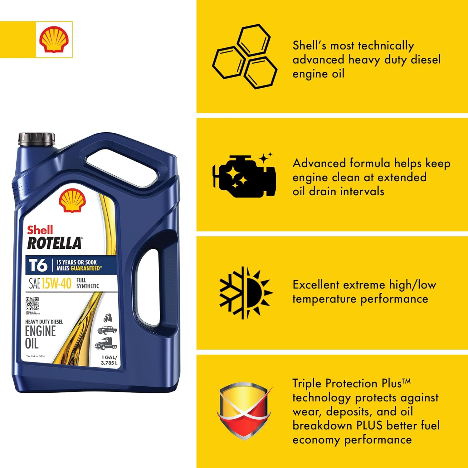 Shell Rotella T6 Full Synthetic 15W-40 Motor Oil, 1 Gallon (3 Pack)