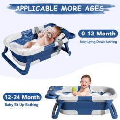 MoreFeel Collapsible Baby Bathtub for Newborn with Thermometer & 1 Hooded Towel & 1 Soft Floating Cushion, Navy Blue
