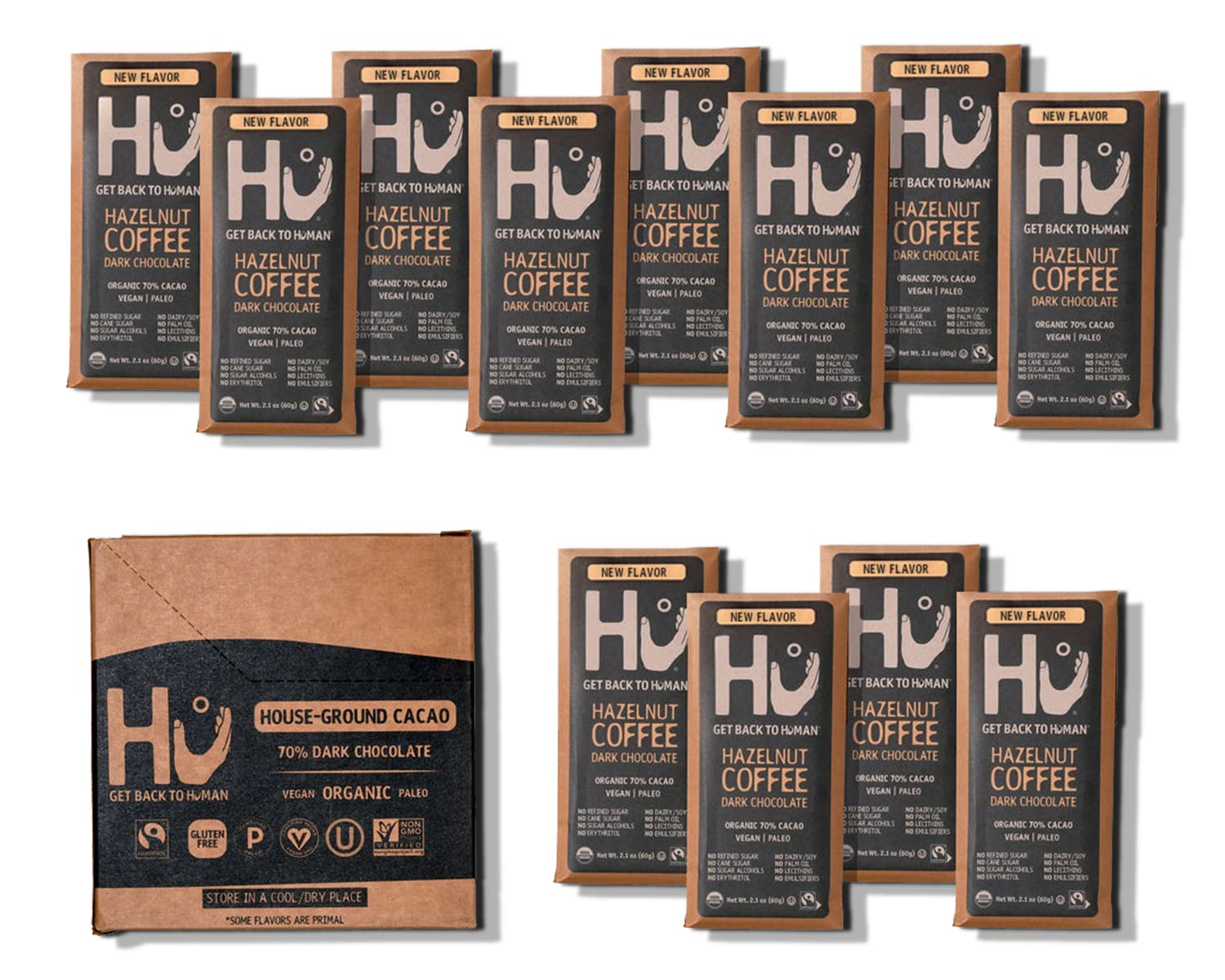 Hu Chocolate Bars, 12 Pack Hazelnut Coffee Crunch Chocolate, Natural Organic Vegan, Fair Trade Dark Chocolate, 2.1oz Each