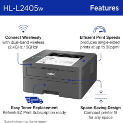 Brother HL-L2405W Wireless Compact Monochrome Laser Printer with Mobile Printing, Black & White Output