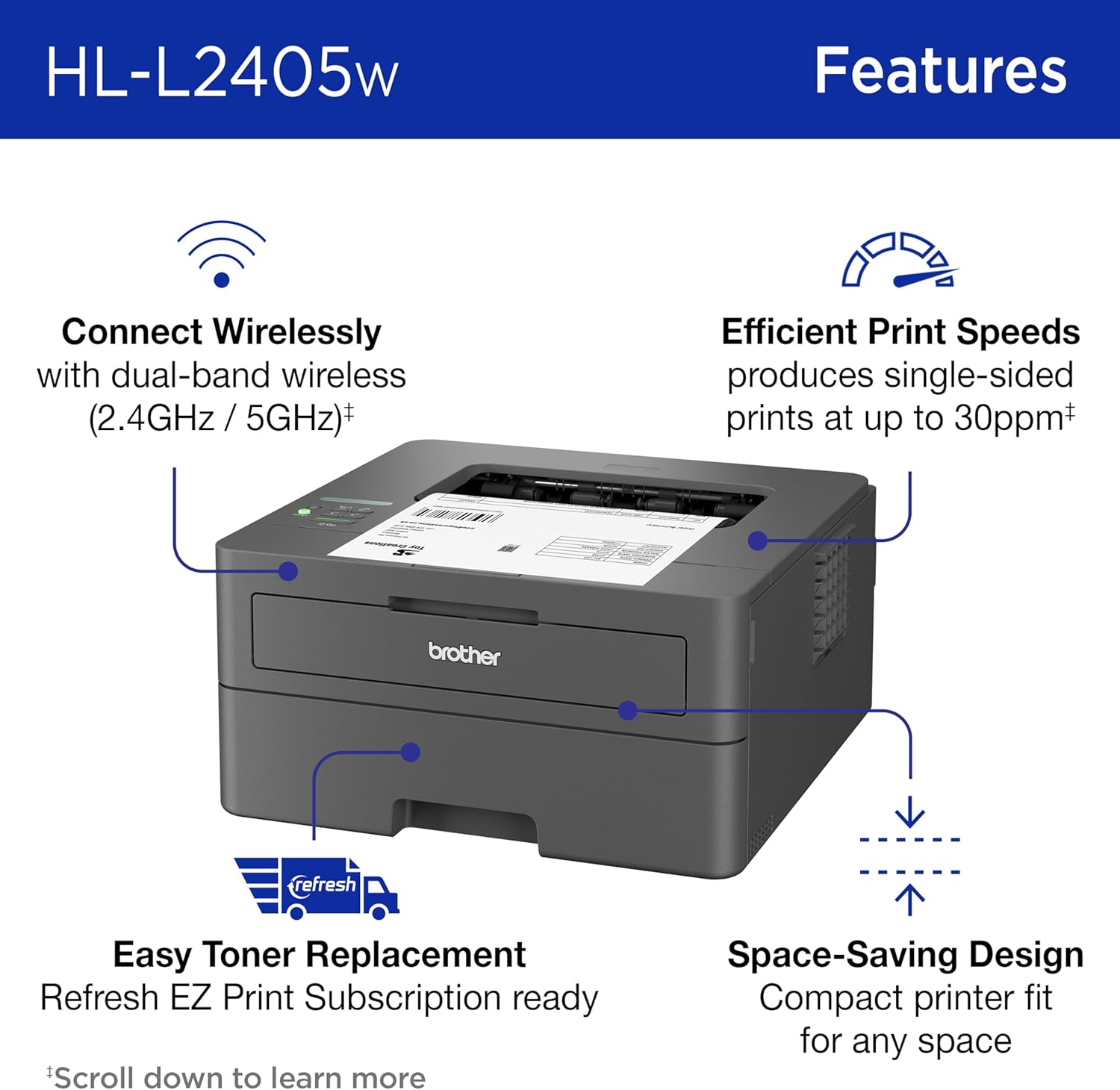 Brother HL-L2405W Wireless Compact Monochrome Laser Printer with Mobile Printing, Black & White Output
