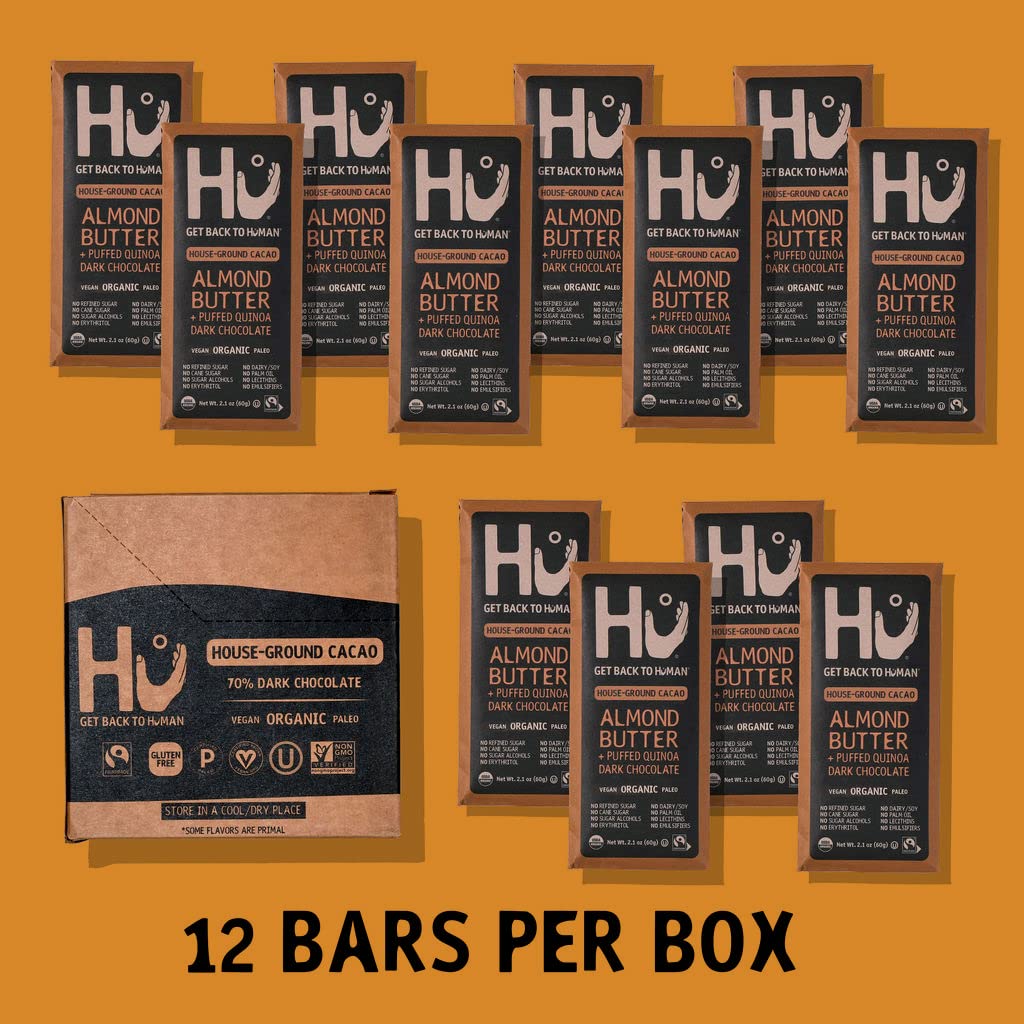 Hu Chocolate Bars, 12 Pack Almond Butter Puffed Quinoa Chocolate, Natural Organic Vegan, Fair Trade Dark Chocolate, 2.1oz Each