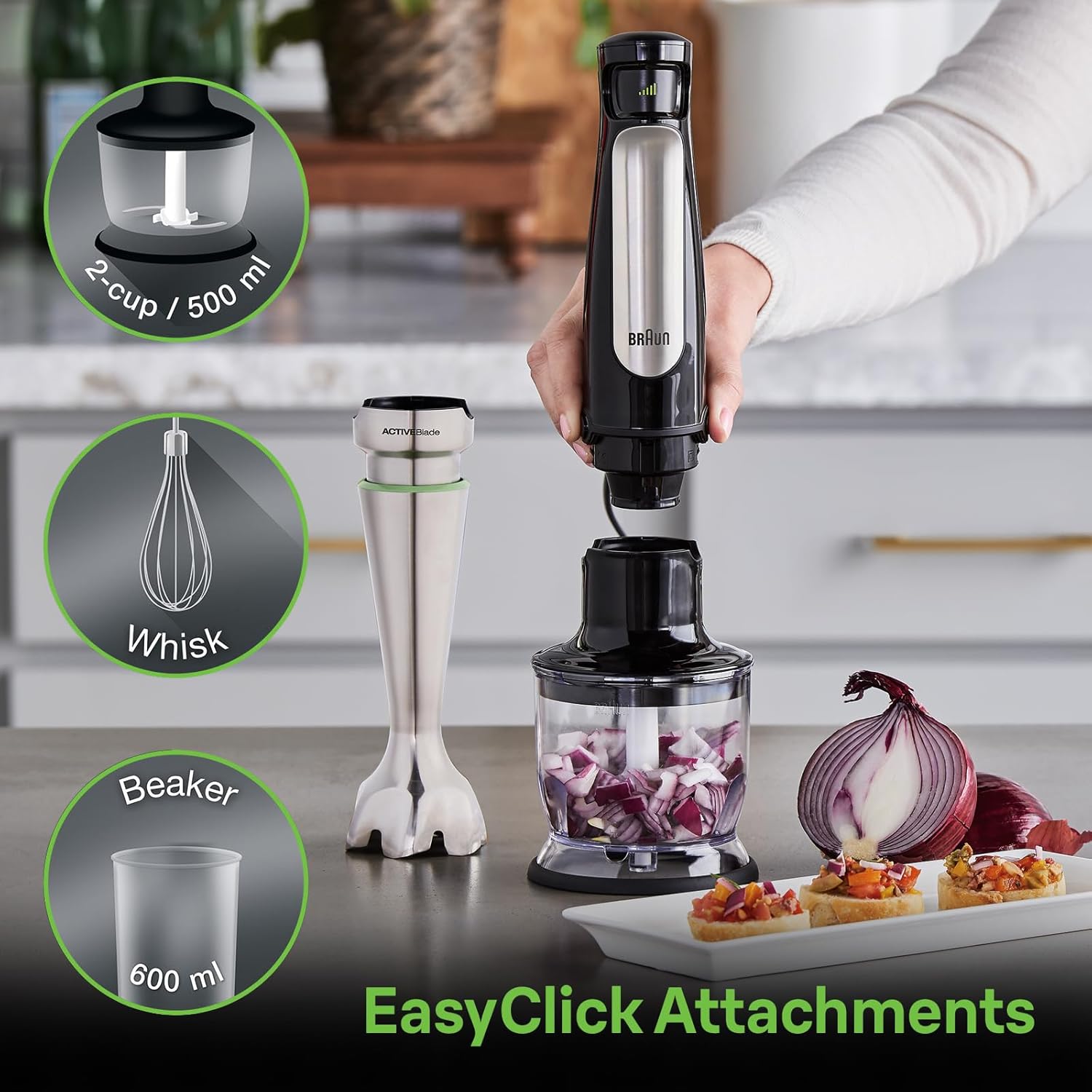 Braun MultiQuick 7 Smart-Speed Hand Blender with 500 Watts of Power, Whisk, Masher, and 6-Cup Food Processor
